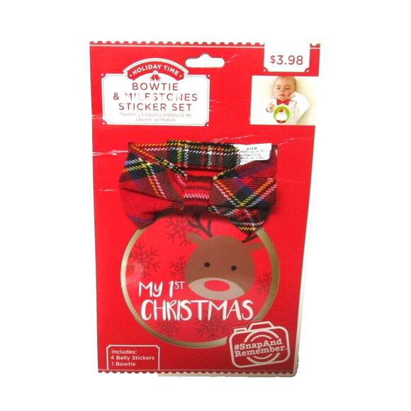 Holiday Time Baby Boy's Bowtie First Christmas Red and Black Plaid Photo Sticker - Picture 1 of 1
